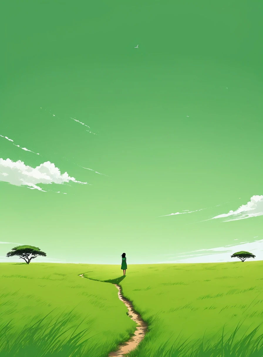 Minimalist Journey,solitary, green grassland,1 girl looking up at the sky, Minimalism, In the savannah, illustration.