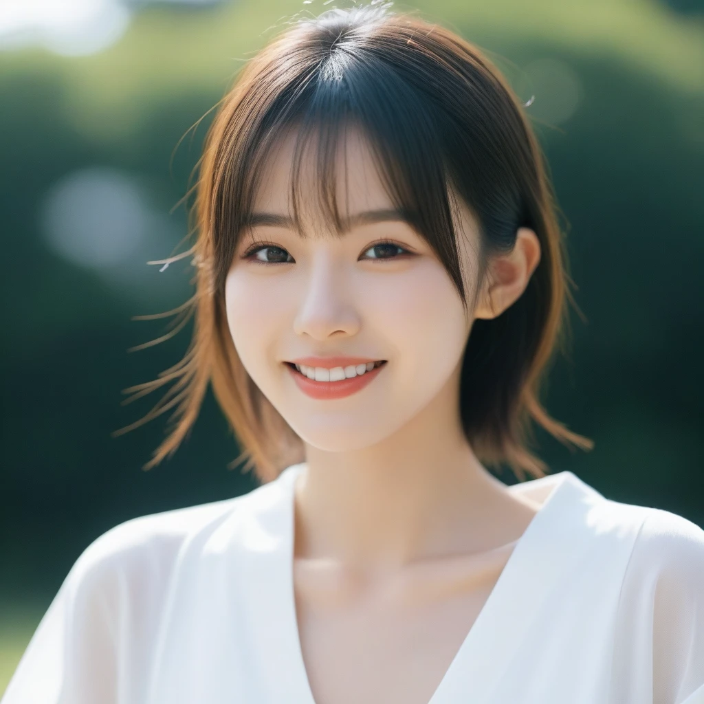 8K, Ultra-high resolution, Highest quality, masterpiece, 三分割法によるphotograph,Surreal, photograph, 1 girl, (16 years old:1.3), pretty girl, Cute face, Beautiful eyes in every detail, 細かくdetailedに,masterpiece,, One Girl:1.2, Japan Female Announcer,whole body、Black Hair、well-groomed eyebrows、Cute Lip Makeup、Urban area,Sprinkling water with a hose,summer,Sparkling sunlight,White T-shirt,Cute gestures、so beautiful,A carefree smile,Healing the heart,blunt bangs,Looking at the audience、beauty,Long neck、Laugh a little、Please close your mouth and laugh、(((Ideal body type))),A-cup small breasts :2,、Portraiture:2、Perfect Anatomy、鮮明なdetailed、detailed、Surreal、Light and shadow,Strong light
