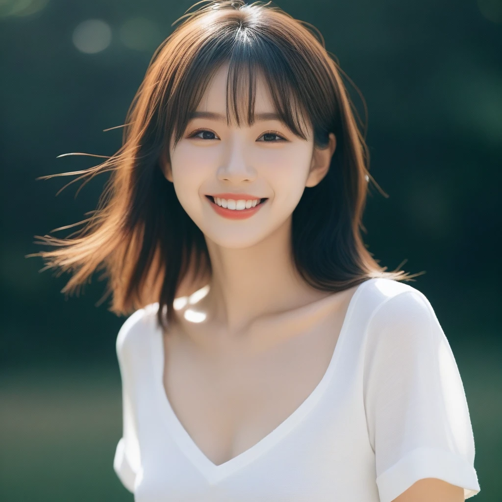 8K, Ultra-high resolution, Highest quality, masterpiece, 三分割法によるphotograph,Surreal, photograph, 1 girl, (16 years old:1.3), pretty girl, Cute face, Beautiful eyes in every detail, 細かくdetailedに,masterpiece,, One Girl:1.2, Japan Female Announcer,whole body、Black Hair、well-groomed eyebrows、Cute Lip Makeup、Urban area,Sprinkling water with a hose,summer,Sparkling sunlight,White T-shirt,Cute gestures、so beautiful,A carefree smile,Healing the heart,blunt bangs,Looking at the audience、beauty,Long neck、Laugh a little、Please close your mouth and laugh、(((Ideal body type))),A-cup small breasts :2,、Portraiture:2、Perfect Anatomy、鮮明なdetailed、detailed、Surreal、Light and shadow,Strong light