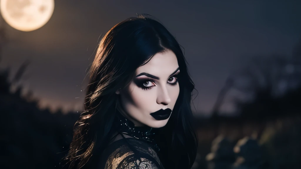 Generate a hyper-realistic image that employs the shallow depth of field technique, Head and sholders portrait to highlight a pretty goth girl wearing a gothic costume, at ((night in a creepy cemitery)) setting, (((under the moonlight))). The girl should be the focal point, with crisp clarity, while the background of the forest should be gently blurred to create a bokeh effect. (((black roses In the foreground))) should be visible but blurred, adding depth to the composition.", adding depth to the composition. Sony Alpha A7R III, macros lens , f/5.6. ((Cinematic purple Lighting)) .