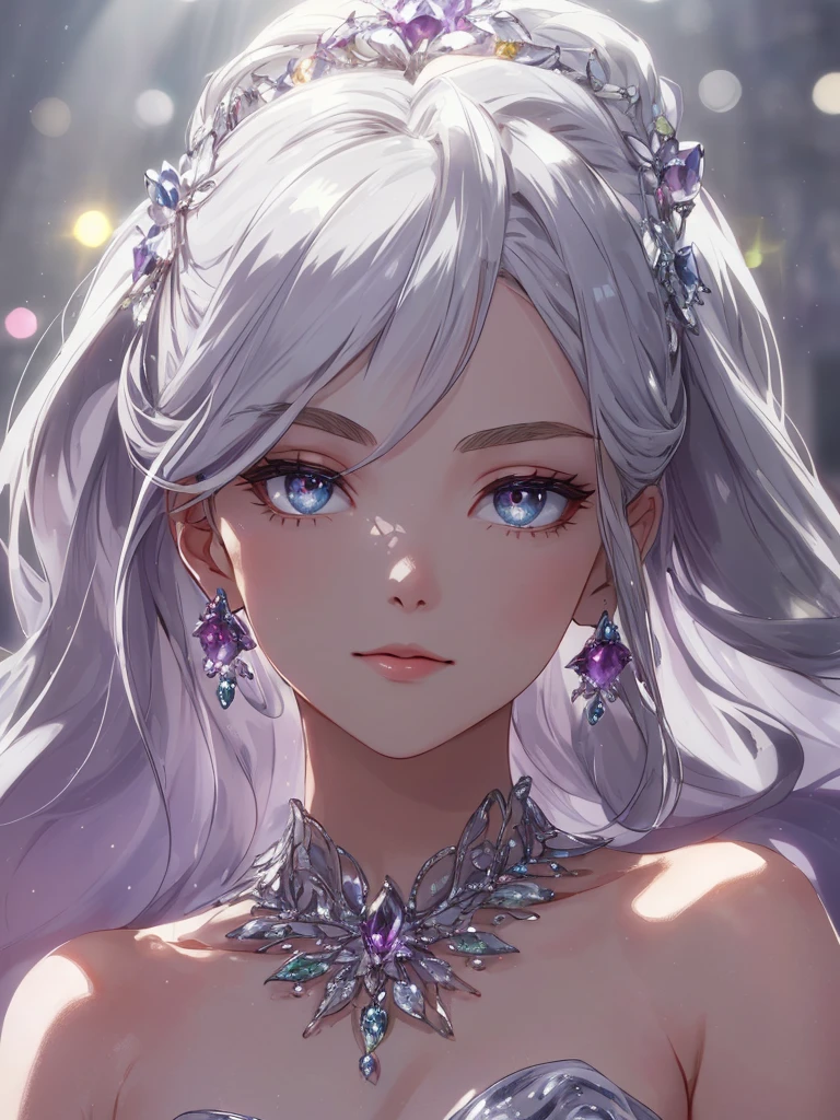 masterpiece, highest quality, figure, alexandrite eyes and hair, platinum earrings, Platinum Necklace, white dress, The Little Mermaid, cute, (dynamic lighting:1.2), cinematic lighting, delicate features, fine eyes, sharp pupils, realistic student, Depth of bounds written, Bokeh, sharp focus, (very detailed, bloom, shine:1.4), Many Small Gems