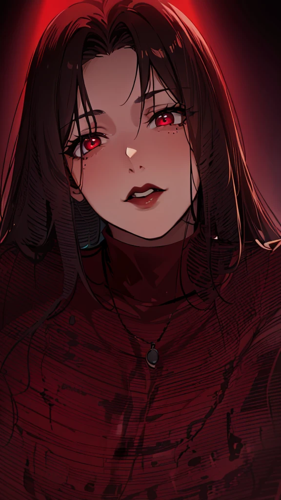 masterpiece:1.2, 1women, sfw, (Romanian girl), (30 years), (Best quality), (real picture, complex parts, depth of field), very detailed, perfect face, (deep red glowing eyes), (dark red lips, pale skin), attractive waist, high, tight belly, (long black straight hair:1.2), (bangs curtain), sexual, (lurge breasts:1.2), hanging breasts ((woman in a dark red shirt)), (front view), dark atmosphere, gothic style, black chain with a black cross, gothic style, (mole in the lower corner of the lips), 