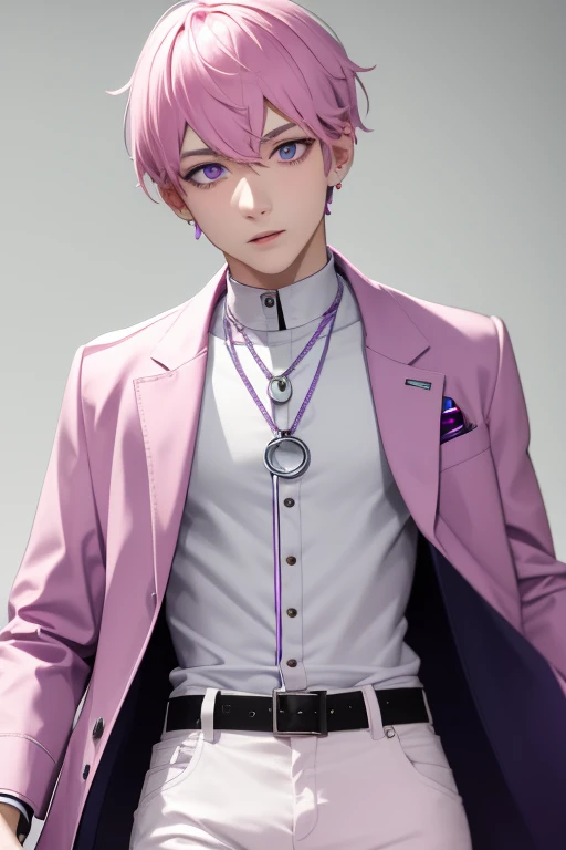 Gumball Handsome 18 year old boy with pale pink hair, pale pink skin, pierced ears, purple eyes, open white doctor's coat, pale purple jeans, white shirt with candy print, black belt, red jeans, necklace with blue gem, looking directly at the viewer. a white background.
