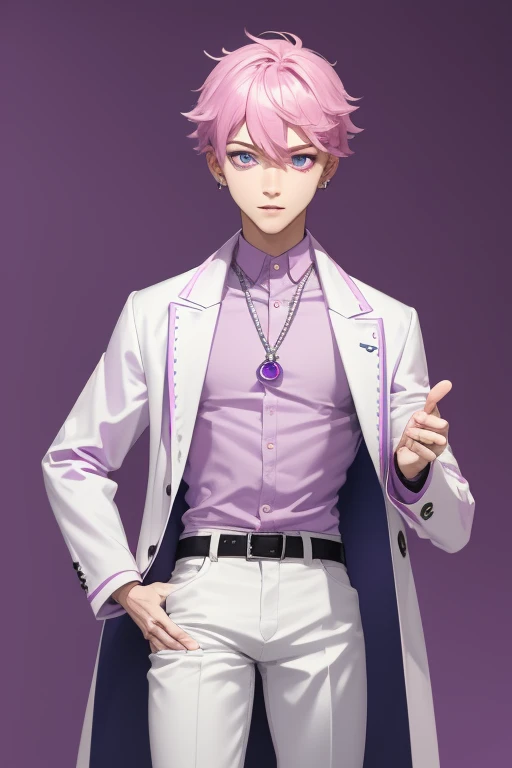 Gumball Handsome 18 year old boy with pale pink hair, pale pink skin, pierced ears, purple eyes, open white doctor's coat, pale purple jeans, white shirt with candy print, black belt, red jeans, necklace with blue gem, looking directly at the viewer. a white background.