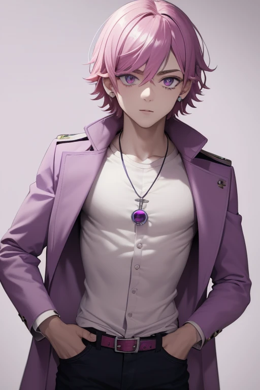 Gumball Handsome 18 year old boy with pale pink hair, pale pink skin, pierced ears, purple eyes, open white doctor's coat, pale purple jeans, white shirt with candy print, black belt, red jeans, necklace with blue gem, looking directly at the viewer. a white background.