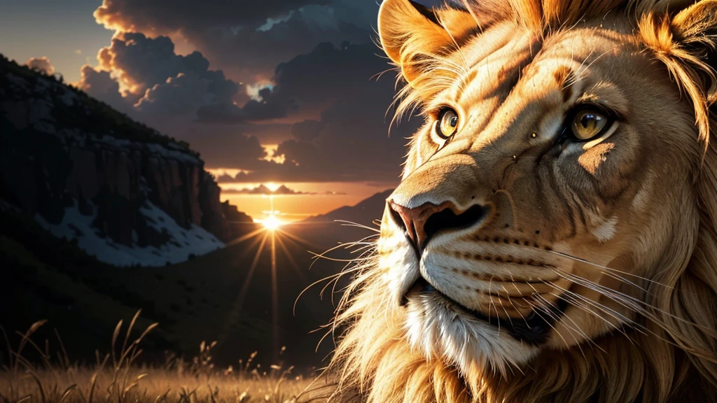 Lion, Divine Lion, Detailed Realistic Lion 16K, Golden Lion, Strong Lion, 16K realistic detailed, Luz solar realista 8K, Detailed realistic solar energy, Luz naturals realista detalhada, Solar Power Screws, ULTRAHD Photorealism, Ultra-realistic detailed colors, Texturas Detalhadas photorrealistics 16K, Contraste Natural 8K, Ultra Detalhado 8K, Nitidez 8K photorrealistic, golden light, black and gold, naturals, Linda, Rendering, photorrealistic, UltraHigh definition, 4K, detailed textures, thunder, detailed shadows, detailed colors, SUNSET, SUNSET, SUNSET, naturals Linda, Great Divine, SUNSET, detailed contrast, realistic contrast, high resolution, detailed colors, fire, villany, divine creature, 8K Realista Detalhado, 16K, 8K, High definition, detailed contrast, realistic contrast, high resolution, detailed colors, fire, villany, divine creature, 8K, realistic detailed, posh,