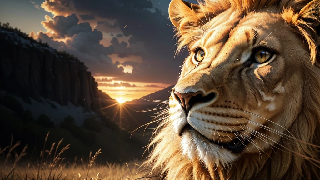 Lion, Divine Lion, Detailed Realistic Lion 16K, Golden Lion, Strong Lion, 16K realistic detailed, Luz solar realista 8K, Detailed realistic solar energy, Luz naturals realista detalhada, Solar Power Screws, ULTRAHD Photorealism, Ultra-realistic detailed colors, Texturas Detalhadas photorrealistics 16K, Contraste Natural 8K, Ultra Detalhado 8K, Nitidez 8K photorrealistic, golden light, black and gold, naturals, Linda, Rendering, photorrealistic, UltraHigh definition, 4K, detailed textures, thunder, detailed shadows, detailed colors, SUNSET, SUNSET, SUNSET, naturals Linda, Great Divine, SUNSET, detailed contrast, realistic contrast, high resolution, detailed colors, fire, villany, divine creature, 8K Realista Detalhado, 16K, 8K, High definition, detailed contrast, realistic contrast, high resolution, detailed colors, fire, villany, divine creature, 8K, realistic detailed, posh,