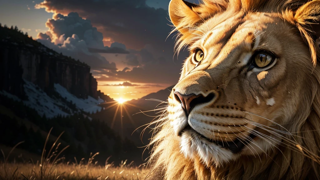Lion, Divine Lion, Detailed Realistic Lion 16K, Golden Lion, Strong Lion, 16K realistic detailed, Luz solar realista 8K, Detailed realistic solar energy, Luz naturals realista detalhada, Solar Power Screws, ULTRAHD Photorealism, Ultra-realistic detailed colors, Texturas Detalhadas photorrealistics 16K, Contraste Natural 8K, Ultra Detalhado 8K, Nitidez 8K photorrealistic, golden light, black and gold, naturals, Linda, Rendering, photorrealistic, UltraHigh definition, 4K, detailed textures, thunder, detailed shadows, detailed colors, SUNSET, SUNSET, SUNSET, naturals Linda, Great Divine, SUNSET, detailed contrast, realistic contrast, high resolution, detailed colors, fire, villany, divine creature, 8K Realista Detalhado, 16K, 8K, High definition, detailed contrast, realistic contrast, high resolution, detailed colors, fire, villany, divine creature, 8K, realistic detailed, posh,