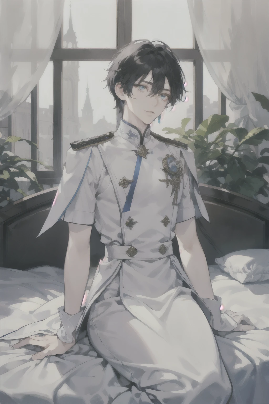 masterpiece, best quality, ultra detailed, (solo man), (male focus), ((Oblong face)), ((Square jawline)), black hair, ((hairs between eyes)), ((shoulder length)), ((narrow blue eye)), fair skin, skinny body, beauty mark, snfw, {uniform, outfit, clothes}, white wedding dress, sitting on bed