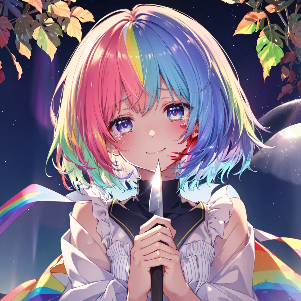 (((Extreme close-up tears smile Hold a knife with both hands Bleeding on the cheek))) ((輝くtears Rainbow Hair Rainbow Eyes Short Hair Receiving the light smile Rainbow light Aurora)) (Shining Edge Pillar of Light)