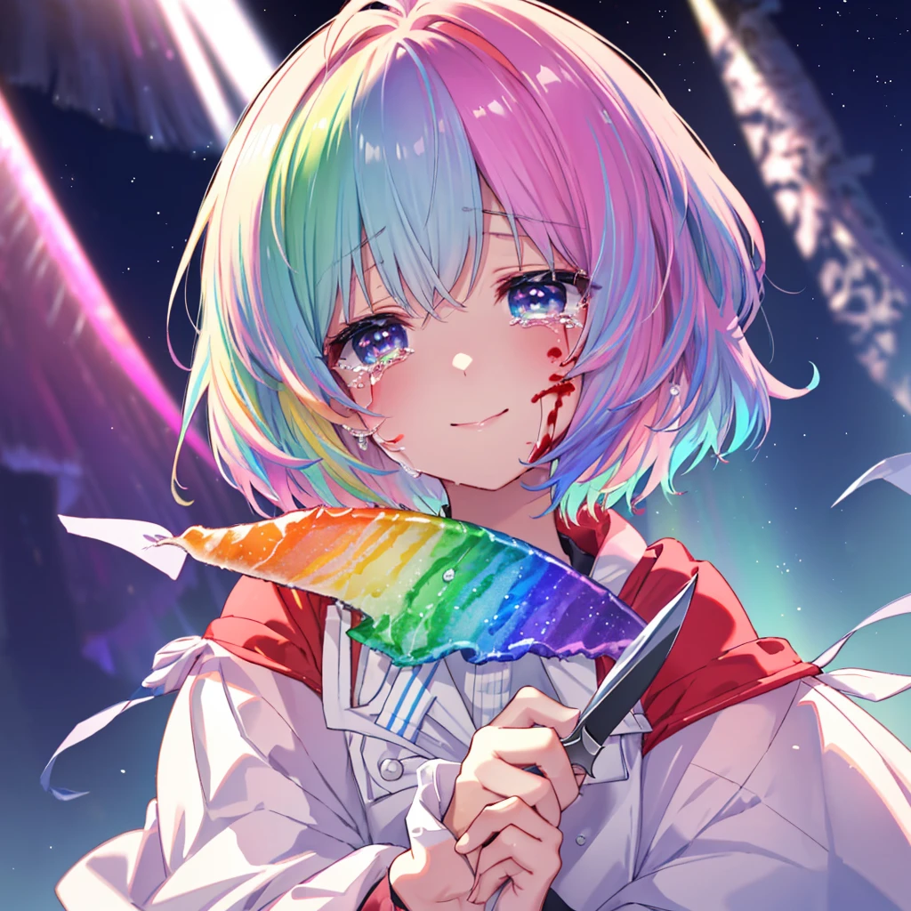 (((Extreme close-up tears smile Hold a knife with both hands Bleeding on the cheek))) ((輝くtears Rainbow Hair Rainbow Eyes Short Hair Receiving the light smile Rainbow light Aurora)) (Shining Edge Pillar of Light)