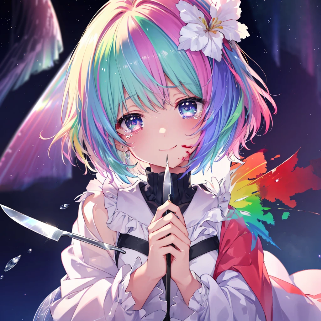 (((Extreme close-up tears smile Hold a knife with both hands Bleeding on the cheek))) ((輝くtears Rainbow Hair Rainbow Eyes Short Hair Receiving the light smile Rainbow light Aurora)) (Shining Edge Pillar of Light)