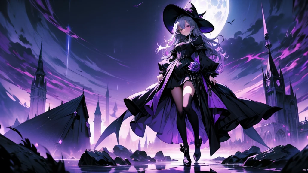 Anime girl with waist-length purple hair and black robe. Witch hat. Pointy ears. Cute as a cartoon. Back view. Full body facing backwards. The whole body is visible. Skirt is short.