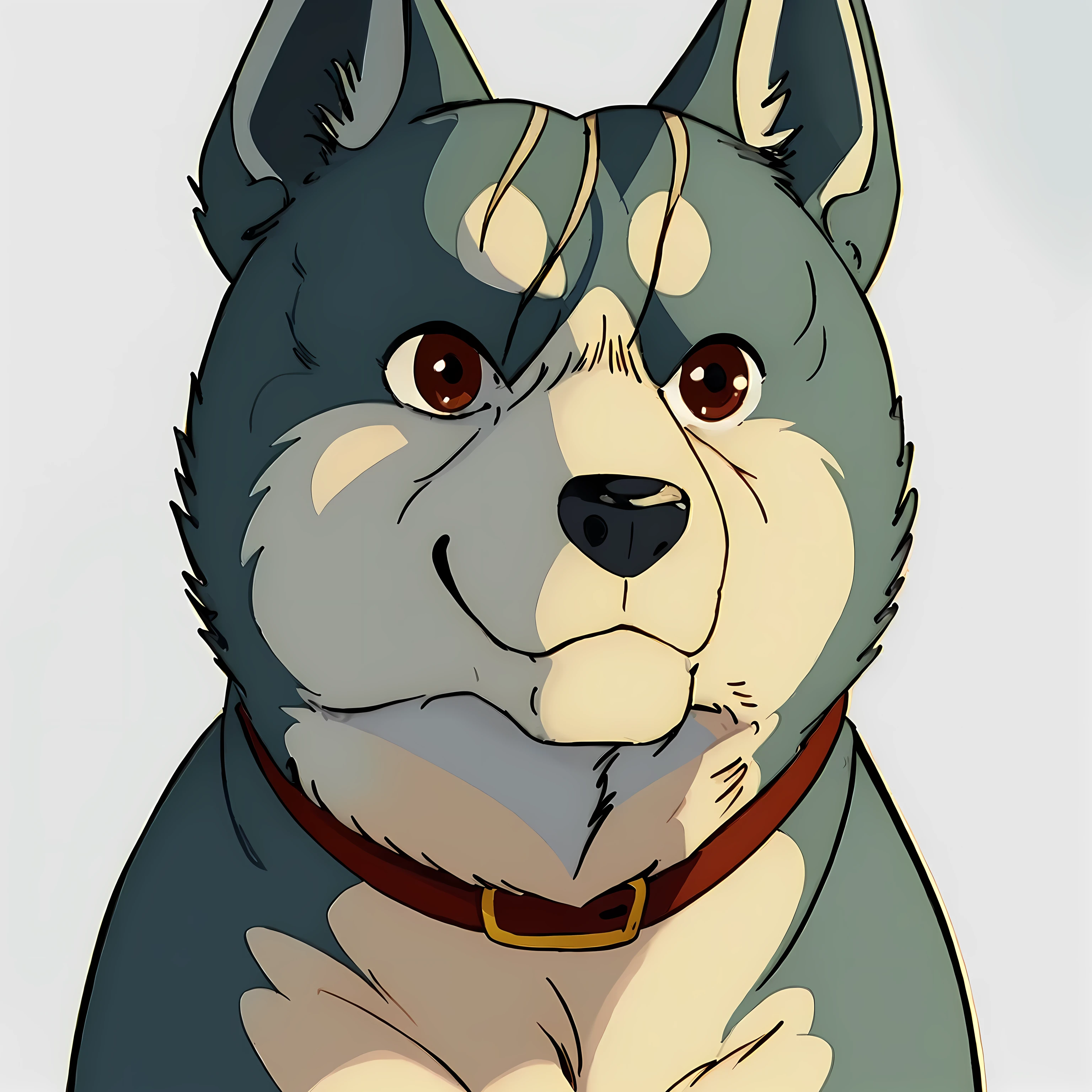 gin (ginga), brown collar, dog, brown eyes, glinting eyes, detailed eyes, detailed collar, young, male, feral, close-up, detailed, high quality, best resolution, solo, (no background, white background):1.4, tail, by negger, by marjani, cel shaded, front view, smile,