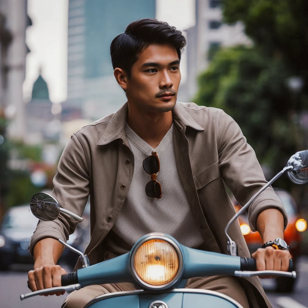 outdoor photo, an Indonesian man, riding a vespa scooter, wearing casual relaxed clothes, empty city street background, realistic, best photography result, UHD, 32K
