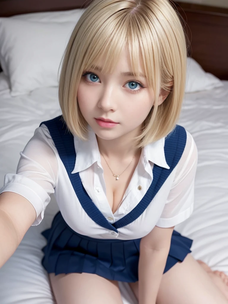 real、( face, virgin face,  masterpiece, 1 Girl, Very detailed, Fine skin, White skin, Lighten up the subject, Movie Light, beautiful face, Beautiful Eyes, Lip gloss), (((Ash Blonde Hair)))、((Short Bob))、((school uniform))、open shirt、Emphasize the cleavage、Blunt bangs,blue eyes, (((large natural breasts))), ((full body))、Sitting a bed、Selfie、From above