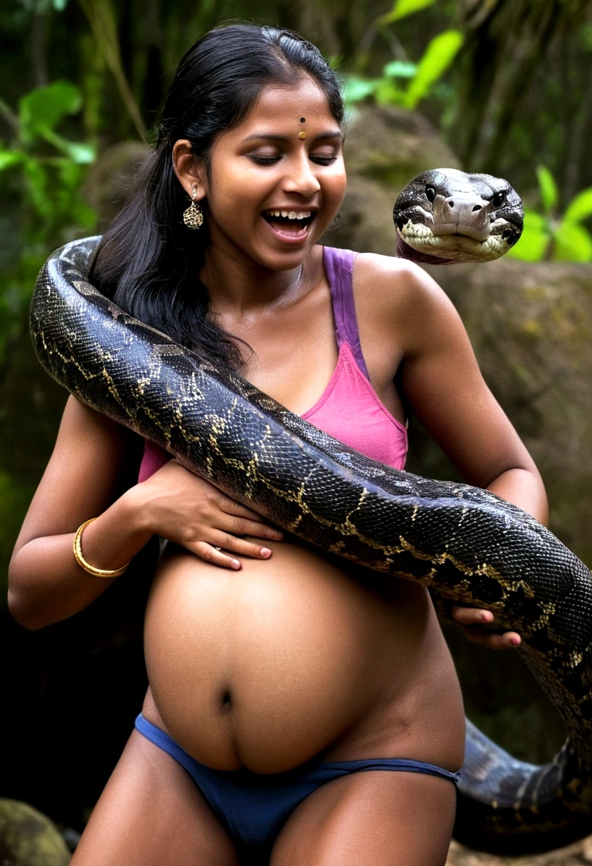 Pregnant Topless Top quality, masterpiece, super high resolution, real photo, raw photo, cute, beautiful young indian girl, happy expression, joy, glossy skin, dramatic lighting, full body, full body wet, dirty pink tank top, sheer with thin fabric, pink shirt dirty with mud, beautiful breasts, beautiful ass, butt sticking out, creepy, in the dark jungle, waterside, black large titanboa , slim, long limbs, slimy, slim Sleeping on large titanboa a large giant black titanboa wrapped around her neck, a large titanboa wrapped around her body, a titanboa’s head from between her crotches, a titanboa and a titan’s intertwining their tongues and kissing, a girl hugging giant titanbo a girl and a large titanboa staring at each other Many large anacondas horny aroused tentacle sex large object penetration nsfw snake tongue kissing blowjob bestiality