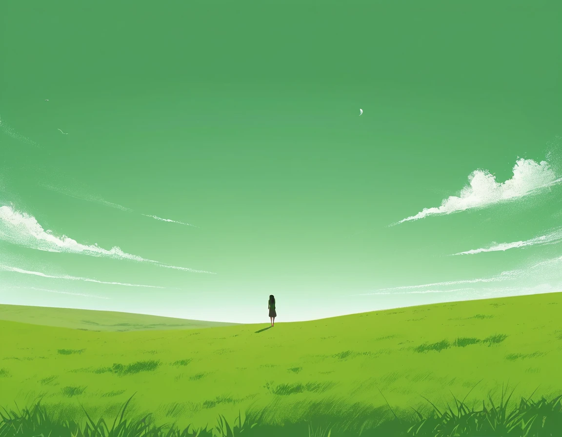Minimalist Journey,solitary, green grassland,1 girl looking up at the sky, Minimalism, In the savannah, illustration.
