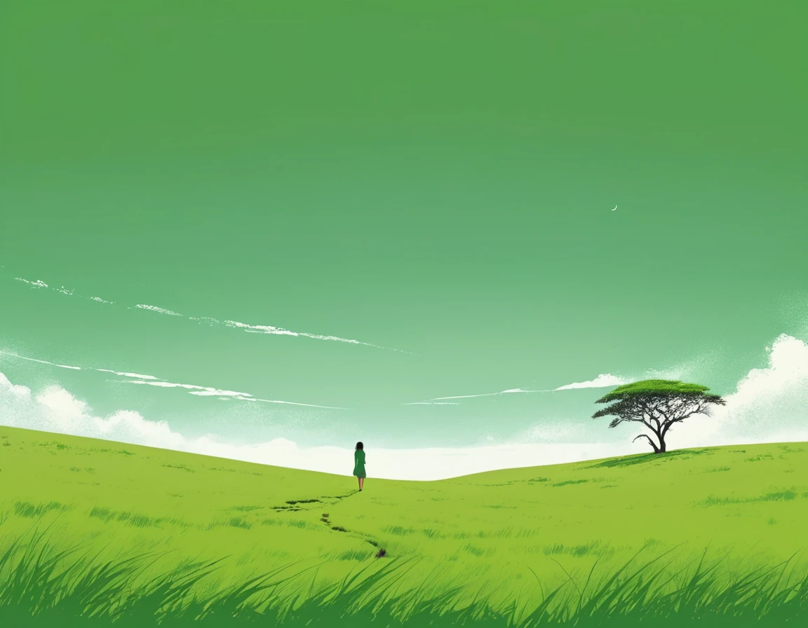 Minimalist Journey,solitary, green grassland,1 girl looking up at the sky, Minimalism, In the savannah, illustration.