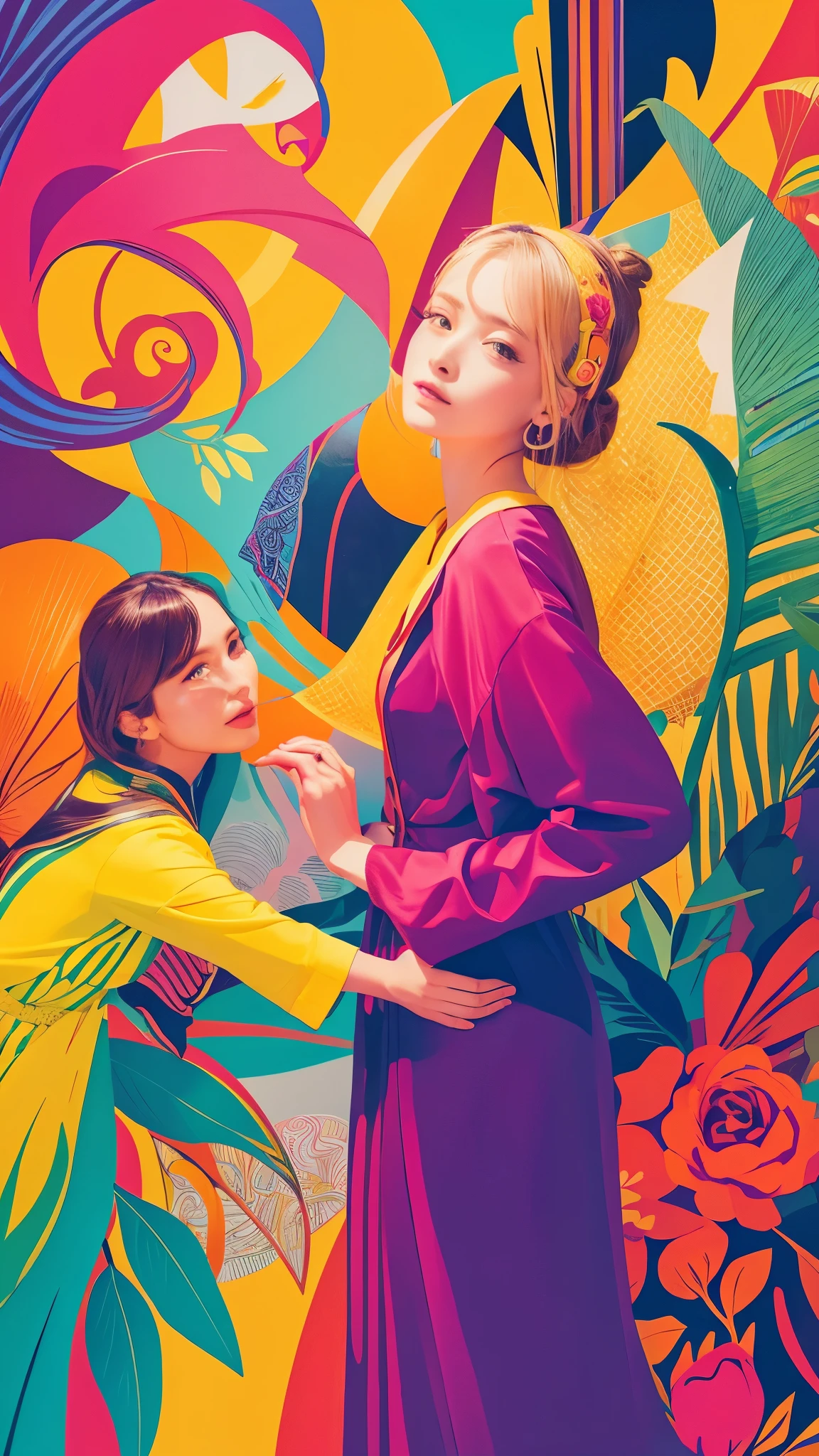 Bright colors, Beautiful Style, High quality illustrations, Position of hand holding woman's chin, Elegant painting, Detailed illustrations of clothing and facial features.