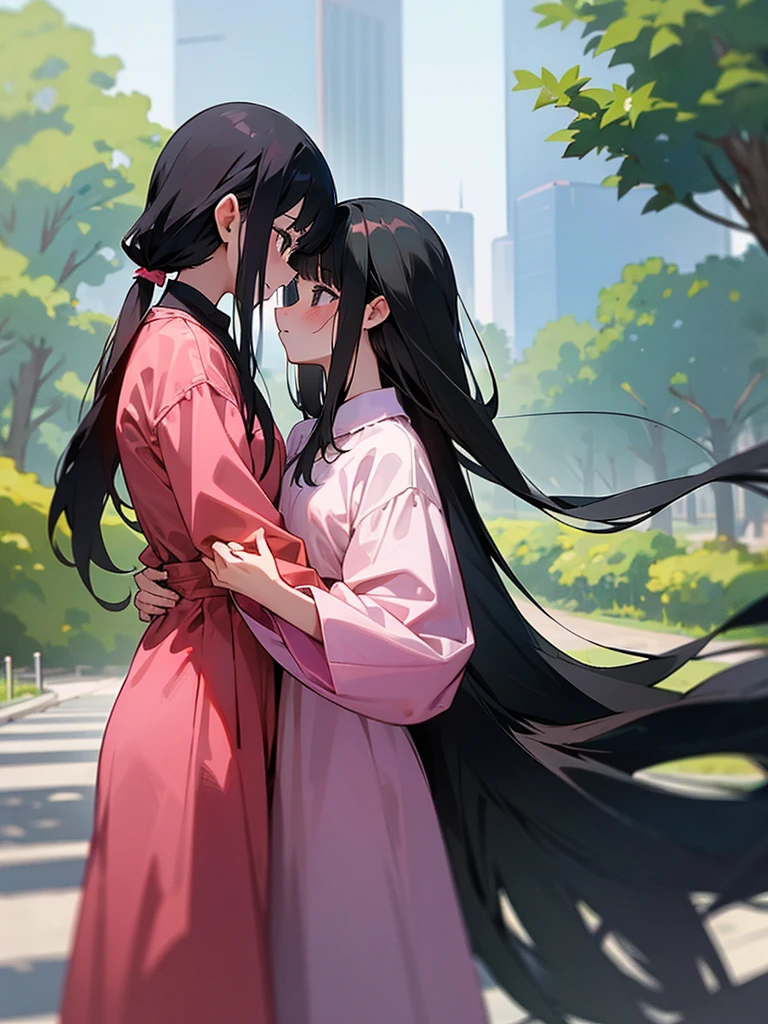 Two adult girls holding hands, One wears two blonde pigtails falling over her shoulders and a pink jumpsuit-type dress while the other wears a long-sleeved green dress., He has black eyes and black hair, long, loose hair without any ties, Her hair reaches her waist and she has straight bangs., loose hair with bangs, in a park, staring, the girl with black hair has it long and loose, she is taller than the blonde girl