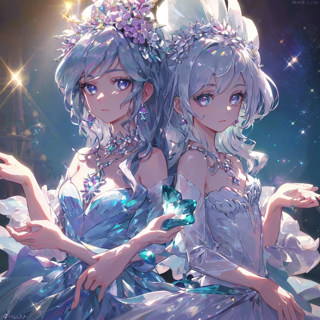 masterpiece, highest quality, figure, alexandrite eyes and hair, platinum earrings, Platinum Necklace, white dress, The Little Mermaid, cute, (dynamic lighting:1.2), cinematic lighting, delicate features, fine eyes, sharp pupils, realistic student, Depth of bounds written, Bokeh, sharp focus, (very detailed, bloom, shine:1.4), Many Small Gems, big tits