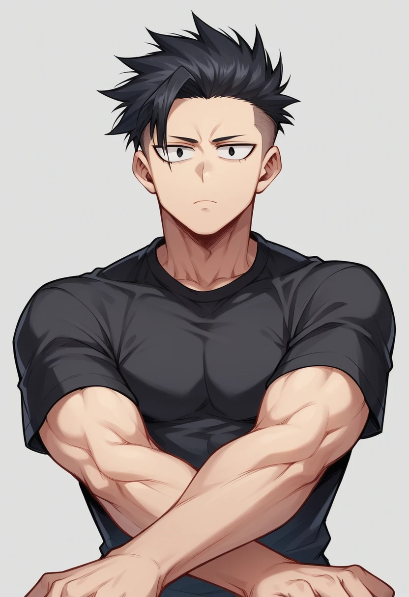 A high boy, handsome, perfect body, black hair, short hair, undercut, black eyes, expressionless, black shirt, anime, first-person view, My Hero Academia art style, masterpiece, anatomically correct, high details, highres, best quality, super detail, 1080P