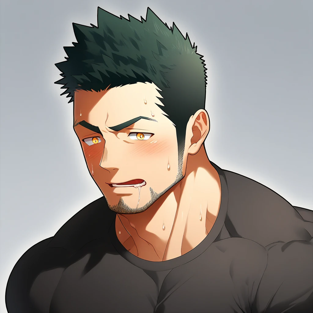 anime characters：Gyee, Priapus, Muscle Sports Student, 1 muscular tough guy, Manliness, male focus, Light yellow high collar long sleeve tight T-shirt, Very tight, The clothes were soaked with sweat, The pectoral muscles are oversized, Slightly transparent, muscular male, muscular, only, Upper body, alone, Black short hair, Thick eyebrows, stubble, Yellow eyes, Grey background, simple background, amazing quality, best aesthetics, Ridiculous, bright pupils, crew cut, parted lips, shy, blush, Moan in pain, moaning, saliva, drooling, saliva trail, drop shadow, best quality