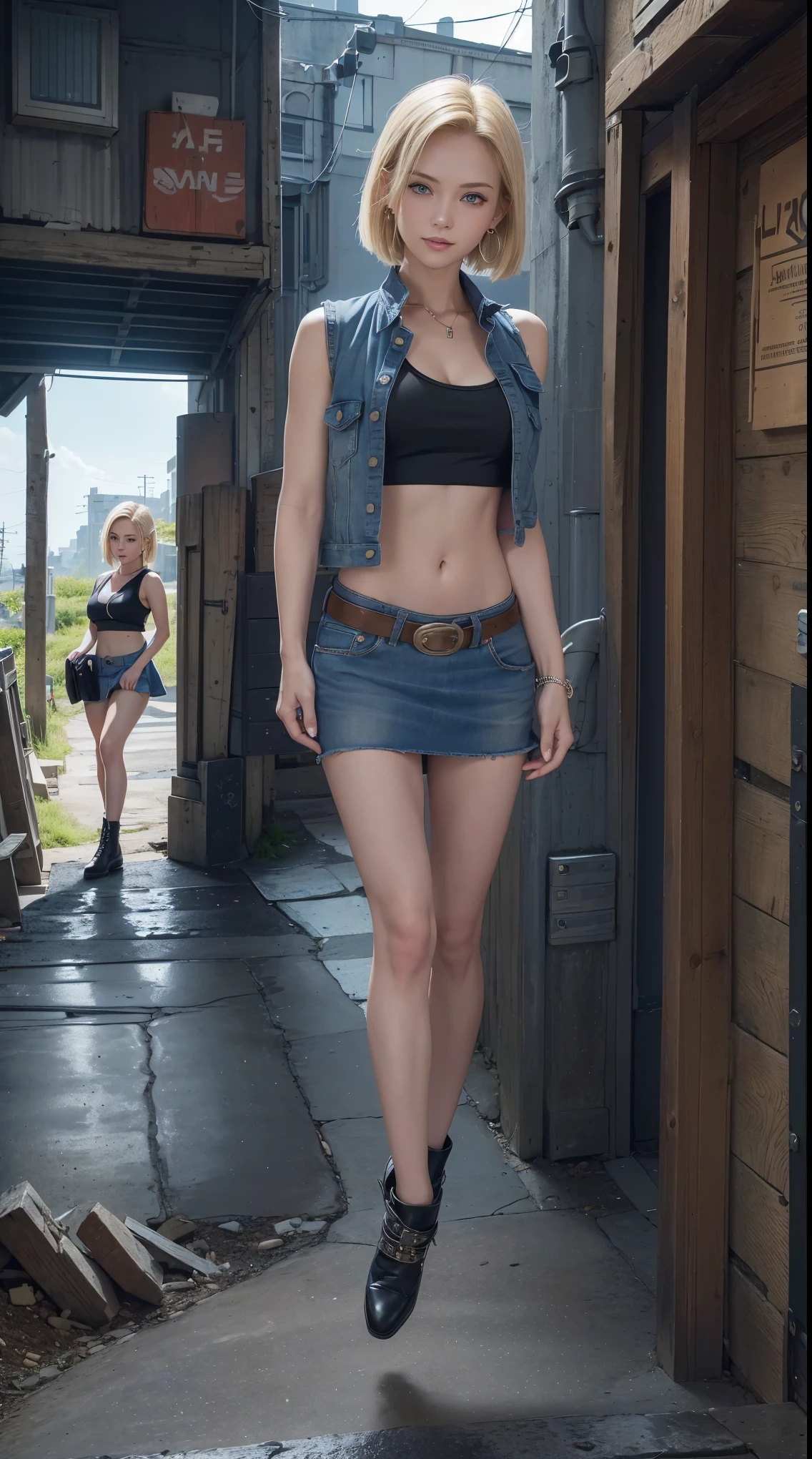 highest quality, High resolution, AND18, 1 girl, android 18, alone, blonde hair, blue eyes, short hair, cute smile，earrings, jewelry, denim dress, open vest, black sports bra, jeans miniskirt,  blue mini skirt, small breasts, cowboy shot, She wears black short boots，street, (external expansion chest: 1.2)，