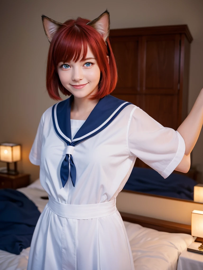 Highest quality,High resolution,1People Girl,whole body,fine,smile,looking at the camera,Bedroom,Dazzling lighting,short hair,Crimson hair,Blue eyes,Sailor suit,beautiful girl,Cat ears on the head,Cat tail on waist,smile,be happy,Landscape,