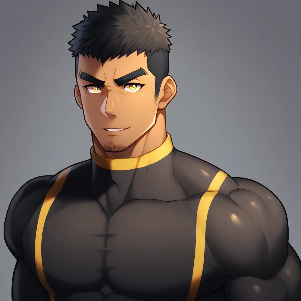 anime characters:Gyee, Muscle Sports Student, negro black skin, 1 dark skin muscular tough guy, Manliness, male focus, Yellow and black striped high collar long sleeve tight T-shirt, Slightly transparent material, Very tight, Round, full and perky chest muscles, Slightly transparent, muscular male, muscular, only, Upper body, alone, Black short hair, Thick eyebrows, stubble, Yellow eyes, Grey background, simple background, amazing quality, best aesthetics, Ridiculous, bright pupils, crew cut, parted lips, seductive smile, torogao, naughty face, drop shadow, best quality
