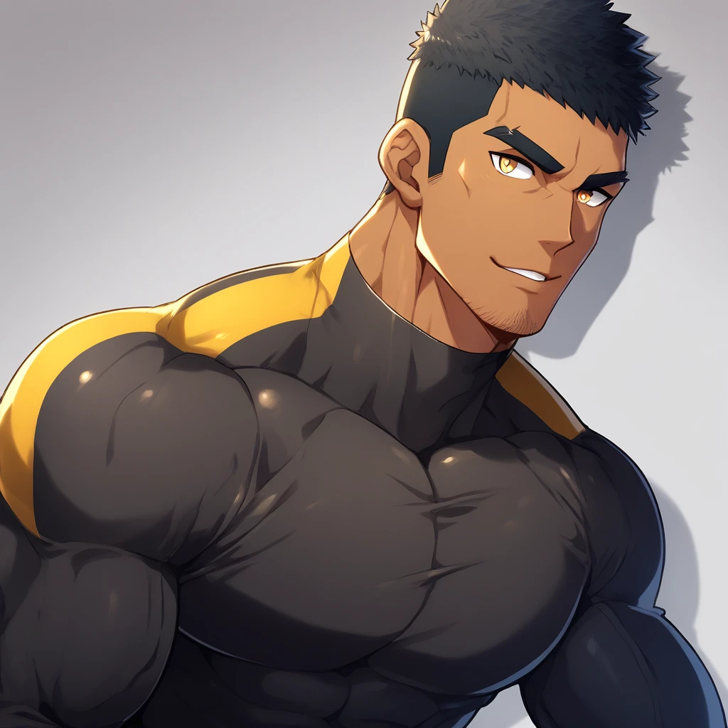 anime characters：Gyee, Muscle Sports Student, negro black skin, 1 dark skin muscular tough guy, Manliness, male focus, Yellow and black striped high collar long sleeve tight T-shirt, Slightly transparent material, Very tight, Round, full and perky chest muscles, Slightly transparent, muscular male, muscular, only, Upper body, alone, Black short hair, Thick eyebrows, stubble, Yellow eyes, Grey background, simple background, amazing quality, best aesthetics, Ridiculous, bright pupils, crew cut, parted lips, seductive smile, torogao, naughty face, drop shadow, best quality