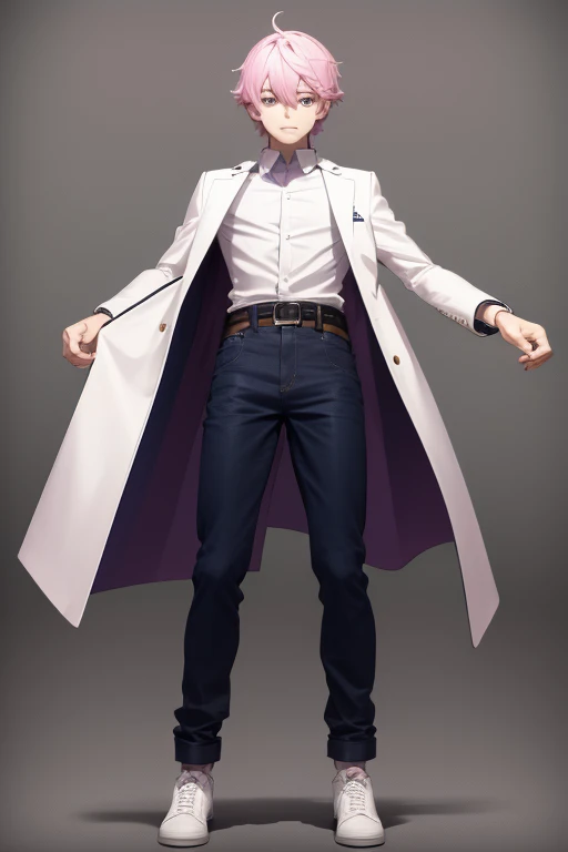 Gumball Handsome 18 year old boy with pale pink hair, pale pink skin, pierced ears, purple eyes, open white doctor's coat, pale purple jeans, white shirt with candy print, black belt, red jeans, necklace with blue gem, looking directly at the viewer. a white background.