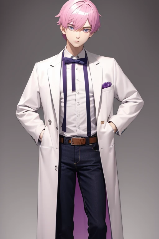 Gumball Handsome 18 year old boy with pale pink hair, pale pink skin, pierced ears, purple eyes, open white doctor's coat, pale purple jeans, white shirt with candy print, black belt, red jeans, necklace with blue gem, looking directly at the viewer. a white background.