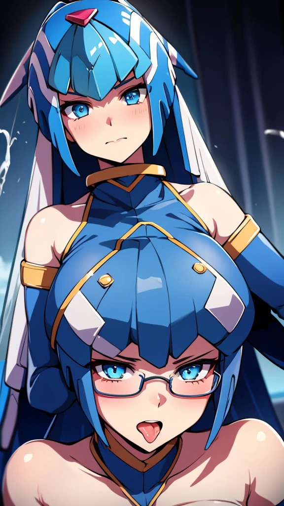 Leviathan_Megamanz, 1 Girl, 1boy ,Looking at the viewer , blue hair, Blue eyes,Clouds background , Blushed ,  , Wedding ring, Glasses, blowjob, Cum in mouth 