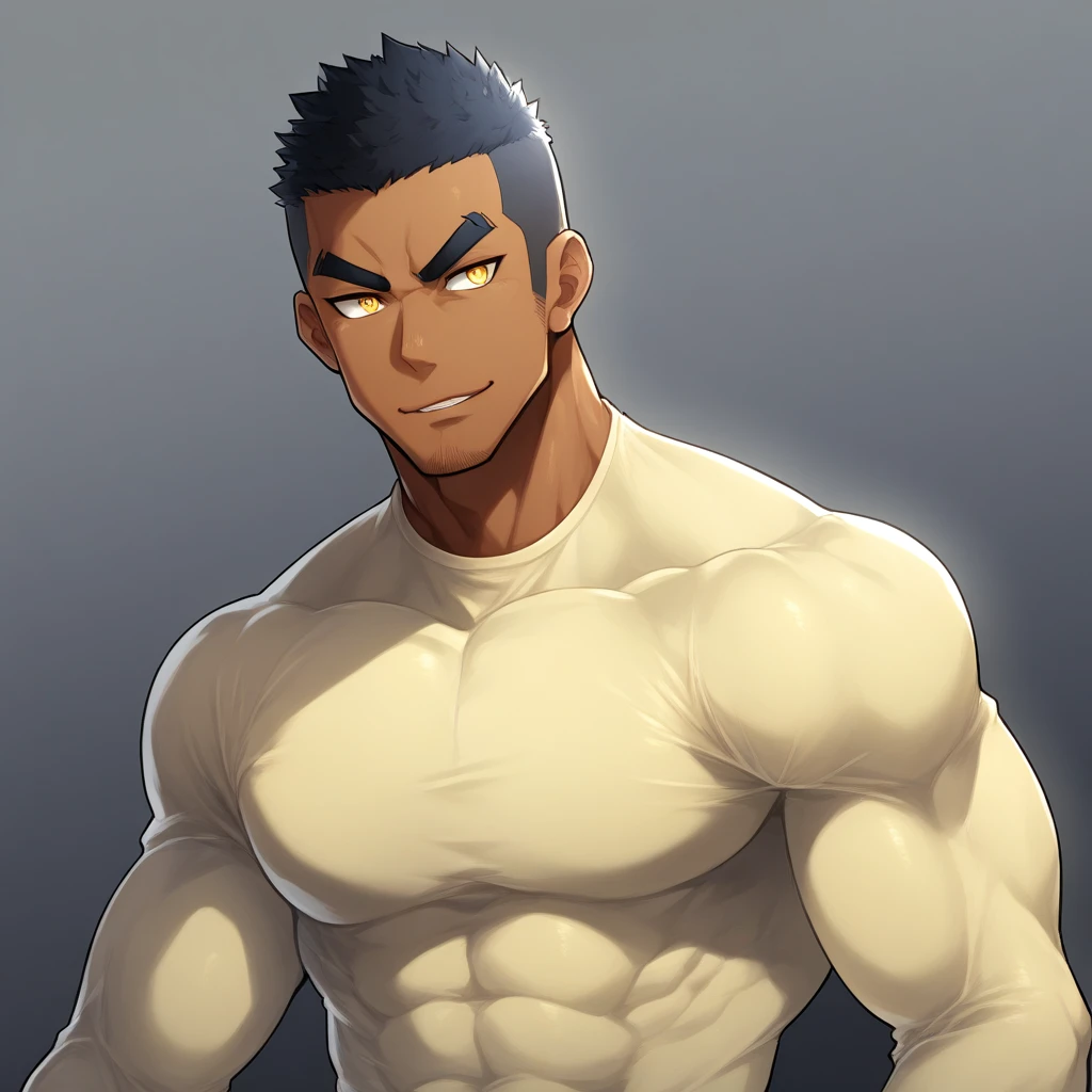 anime characters:Gyee, Muscle Sports Student, negro black skin, 1 dark skin muscular tough guy, Manliness, male focus, Light yellow high collar long sleeve tight T-shirt, Slightly transparent material, Very tight, Round, full and perky chest muscles, Slightly transparent, muscular male, muscular, only, Upper body, alone, Black short hair, Thick eyebrows, stubble, Yellow eyes, Grey background, simple background, amazing quality, best aesthetics, Ridiculous, bright pupils, crew cut, parted lips, seductive smile, torogao, naughty face, drop shadow, best quality