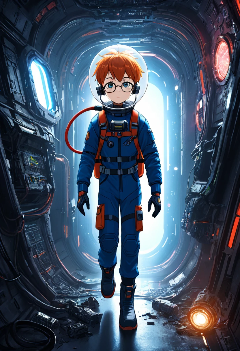 (spacesuit)), navy blue spacesuit, (dynamic pose:1.5), (best quality, masterpiece, absurdres, highres, ultra_detailed, dynamic angle:1.2), 1 girl, full body image of a young  girl exploring a derelict spaceship, small stature, flat chest, floating in a derelict spaceship, exploring a derelict spaceship, outer space, levitating, cables, cramped corridor, damage, sci-fi console, glowing cybernetics, gloves, boots, backpack, air hose, pace helmet, face under glass, wearing glasses, ((headset with microphone)), derelict spaceship interior, hull breach, windows, in dynamic pose, walls covered with (glowing alien inscriptions:1.3), debris, dust, futuristic, sci-fi, (intricate details, hyperdetailed:1.15), (ultrahigh resolution textures), bokeh, floating, curious, nervous, scared, holding flashlights, kids, (volumetric, cinematic, dim red) lighting, volumetric lighting, zero gravity, depth of field, space, starfield