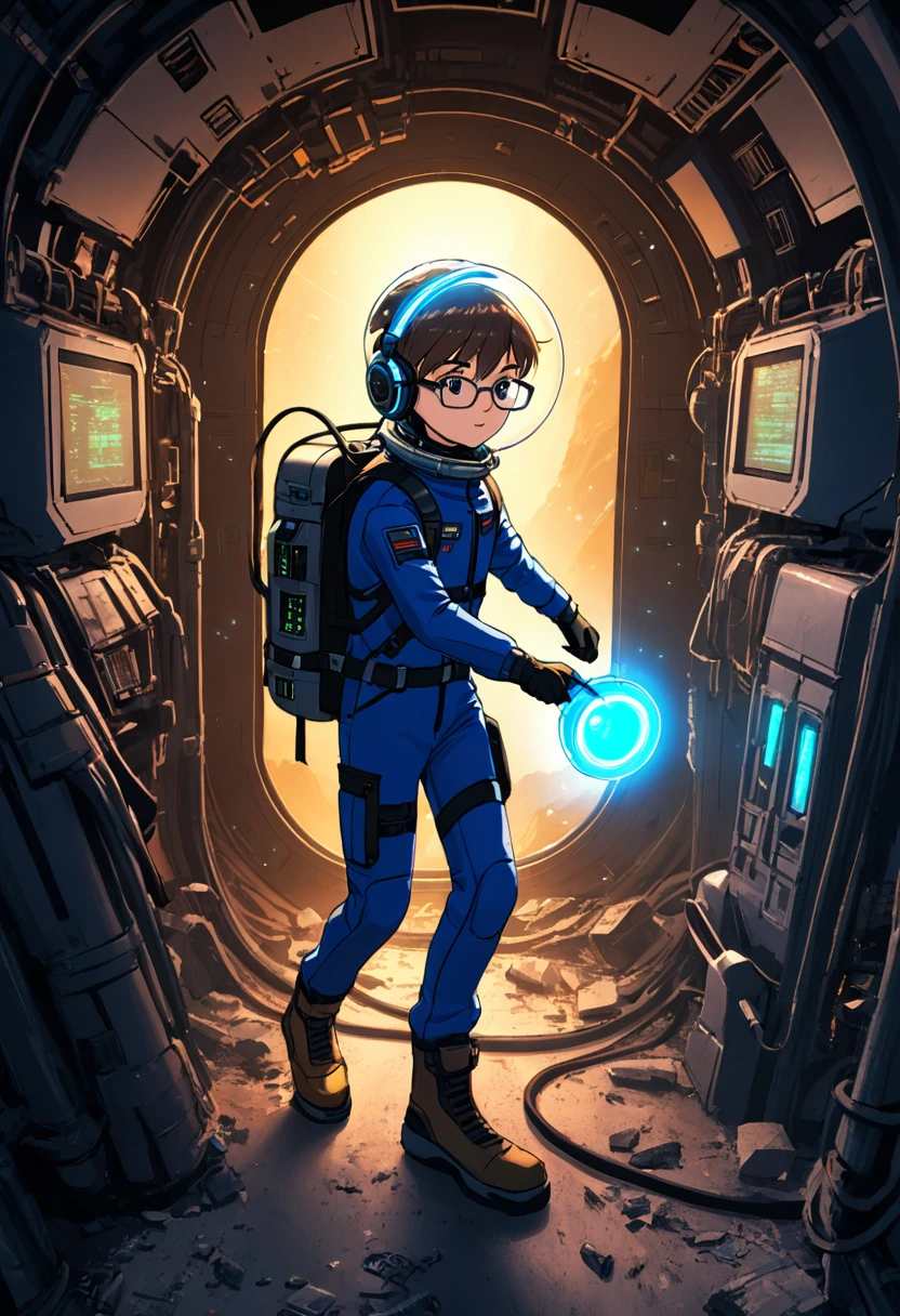 (spacesuit)), navy blue spacesuit, (dynamic pose:1.5), (best quality, masterpiece, absurdres, highres, ultra_detailed, dynamic angle:1.2), 1 girl, full body image of a young kid girl exploring a derelict spaceship, small stature, flat chest, floating in a derelict spaceship, exploring a derelict spaceship, outer space, levitating, cables, cramped corridor, damage, sci-fi console, glowing cybernetics, gloves, boots, backpack, air hose, pace helmet, face under glass, wearing glasses, ((headset with microphone)), derelict spaceship interior, hull breach, windows, in dynamic pose, walls covered with (glowing alien inscriptions:1.3), debris, dust, futuristic, sci-fi, (intricate details, hyperdetailed:1.15), (ultrahigh resolution textures), bokeh, floating, curious, nervous, scared, holding flashlights, kids, (volumetric, cinematic, dim red) lighting, volumetric lighting, zero gravity, depth of field, space, starfield