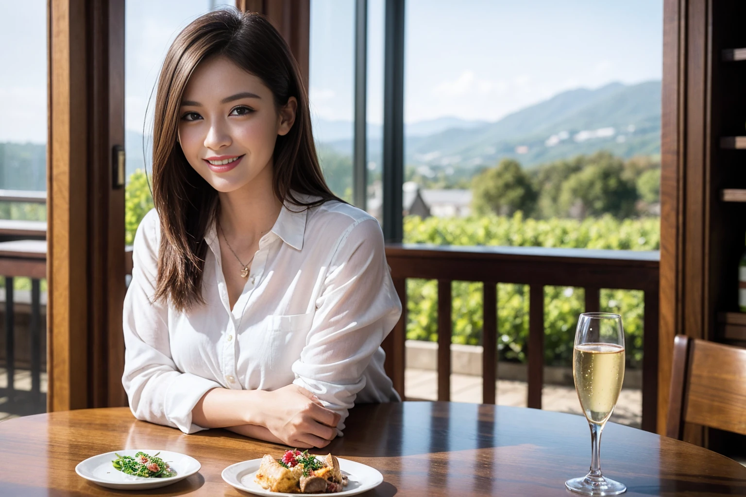 ((Highest quality、8k、masterpiece:1.3))、1 male、1 female、Couple、spouse、Couple、The body is slim、((Bob Hale、Straight hair:1.2)), (Realistic, Intricate details:1.2), テーブルの上のwine glass、Put the light on your face、 Amazing view of the sunset sky and clouds、Amazing mountain views、A bright smile、The wonderfulness of smile、Bright image、The beauty of wine, Beautiful Face, blue eyes, The light shines on your face, Blushing, short hair,Bright Face、 (Age 37), 39 years old, red wine 、Appetizers、Italian food、Wine bottle、Champagne、sparkling wine、Two beauties、Brown Hair、Shortcuts、Long sleeve shirt、dress、Pretty Woman 1, (slimな顔), (The body is slim), (Brown Hair), (Shortcuts), cheeks turn a little red,Attractive beauty、restaurant, In a prominent place (From the waist up) Nova Frog Style, actress, model, Upper Body, White wine, slim, wine glass, 中央に置かれたwine glass, smile, (smile: 1.15), Beautiful fine grain, Depth f/2,saturation, High Contrast, Strong light and shadow,Moist Body:1.5、3D texture、Delicate eyes、Brown Hair、The hair is very shiny、