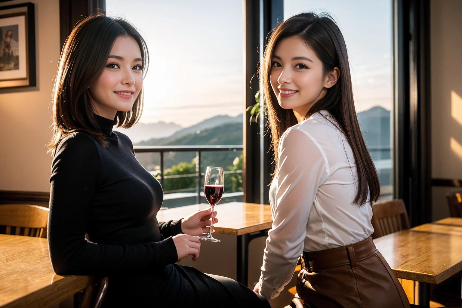 ((Highest quality、8K、masterpiece:1.3))、Sharp focus:1.2、Beautiful woman perfect body:1.4、slimなボディ、((Bob Hale、Straight hair:1.2))、(to be born, Highest quality, masterpiece:1.5), (Realistic, Intricate details:1.2), テーブルにwine glass、Shine light on your face、 Amazing view of the sunset sky and clouds、Amazing mountain views、ニコニコ明るいsmile、smileの素敵な女性、Bright image、2. The beauty of wine, Beautiful Face, blue eyes, The light shines on your face, Blushing, short hair,Bright Face、Fox face、 (43 years old), 39 years old, Lady、red wine 、Appetizers、Italian food、Wine bottle、Champagne、sparkling wine、Two beauties、Brown Hair、Shortcuts、Long sleeve shirt、dress、Beautiful woman 1, (slimな顔), (The body is slim), (Brown Hair), (Shortcuts), cheeks turn a little red,Attractive beauty、, Out of the window, Beautiful and detailed night view.........., restaurant, In a prominent place (From the waist up) Nova Frog Style, actress, model, Upper Body, White wine, slim, wine glass, 真ん中に置かれたwine glass, smile, (smile: 1.15), Beautiful fine grain, Depth f/2,saturation, High Contrast, Strong light and shadow,Moist Body:1.5、3D texture、Delicate eyes、Brown Hair、The hair is very shiny、
