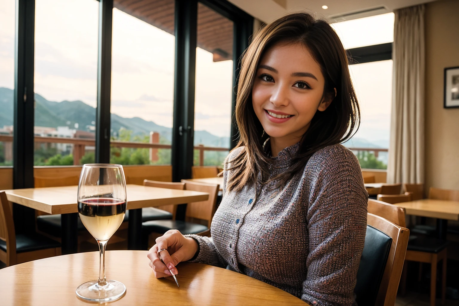 ((Highest quality、8K、masterpiece:1.3))、Sharp focus:1.2、Beautiful woman perfect body:1.4、slimなボディ、((Bob Hale、Straight hair:1.2))、(to be born, Highest quality, masterpiece:1.5), (Realistic, Intricate details:1.2), テーブルにwine glass、Shine light on your face、 Amazing view of the sunset sky and clouds、Amazing mountain views、ニコニコ明るいsmile、smileの素敵な女性、Bright image、2. The beauty of wine, Beautiful Face, blue eyes, The light shines on your face, Blushing, short hair,Bright Face、Fox face、 (43 years old), 39 years old, Lady、red wine 、Appetizers、Italian food、Wine bottle、Champagne、sparkling wine、Two beauties、Brown Hair、Shortcuts、Long sleeve shirt、dress、Beautiful woman 1, (slimな顔), (The body is slim), (Brown Hair), (Shortcuts), cheeks turn a little red,Attractive beauty、, Out of the window, Beautiful and detailed night view.........., restaurant, In a prominent place (From the waist up) Nova Frog Style, actress, model, Upper Body, White wine, slim, wine glass, 真ん中に置かれたwine glass, smile, (smile: 1.15), Beautiful fine grain, Depth f/2,saturation, High Contrast, Strong light and shadow,Moist Body:1.5、3D texture、Delicate eyes、Brown Hair、The hair is very shiny、