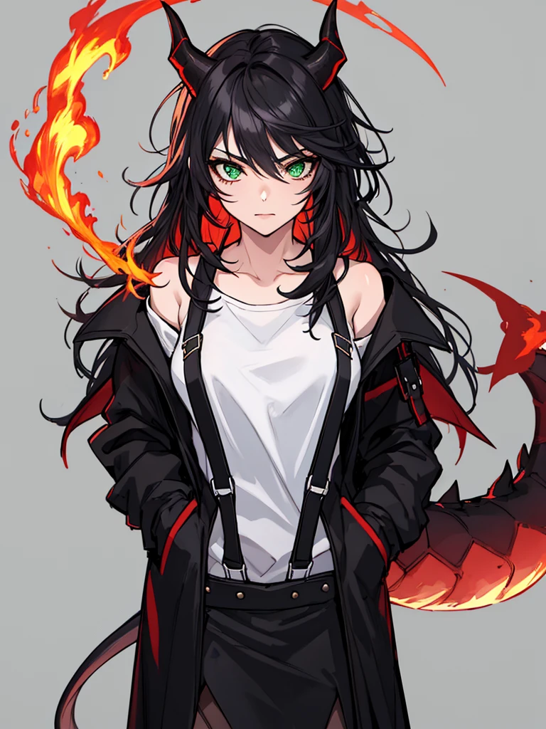 absurdres, 8k, 4k, masterpiece, hyper extreme detailed:1.2), solo, 1girl, front view, perfect face, 1girl, portrait, expressive eyes, looking at viewer, solo, green eyes, standing, mature female, , pale, long black hair, groan, casual wear, , looking forward, front view, black horns, confident, cautious, rational, messy hair, wind, windy, moving hair, moving clothes, swept bangs, front view, unyielding, mature body, tomboy, dragon tail, , black nails, wild hair, velvet crowe, scars, fatigue, Black Demonic Horns, Dragon Horns, Dragon Tail, fire, long skirt, hands in pockets, white shirt black letters, exposed shoulder, shoulder strap, suspenders, velvet crowe, velvet-outfit, red hair gradients, village background, fiery, flames, burning,