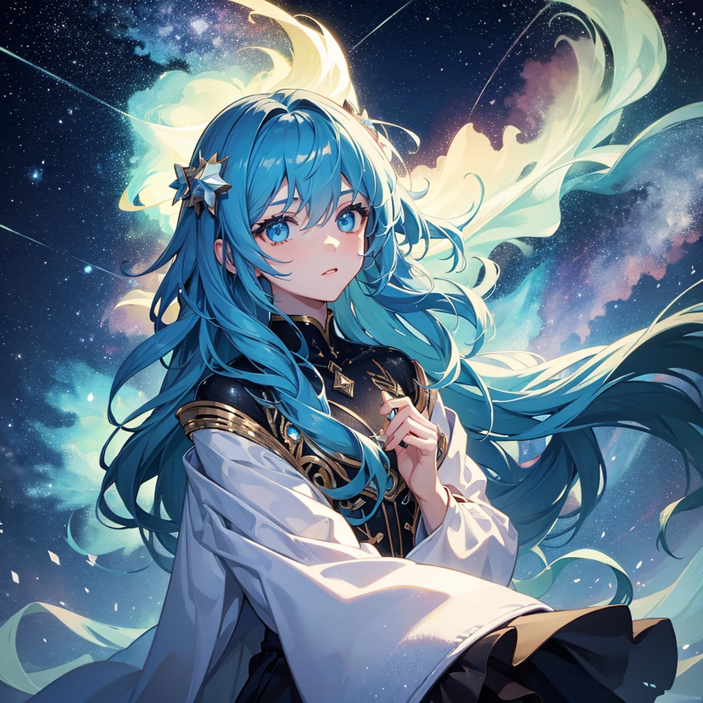 Boy with hair and eyes made of stars body made of stars, night auroras and comets with clothes made of snow