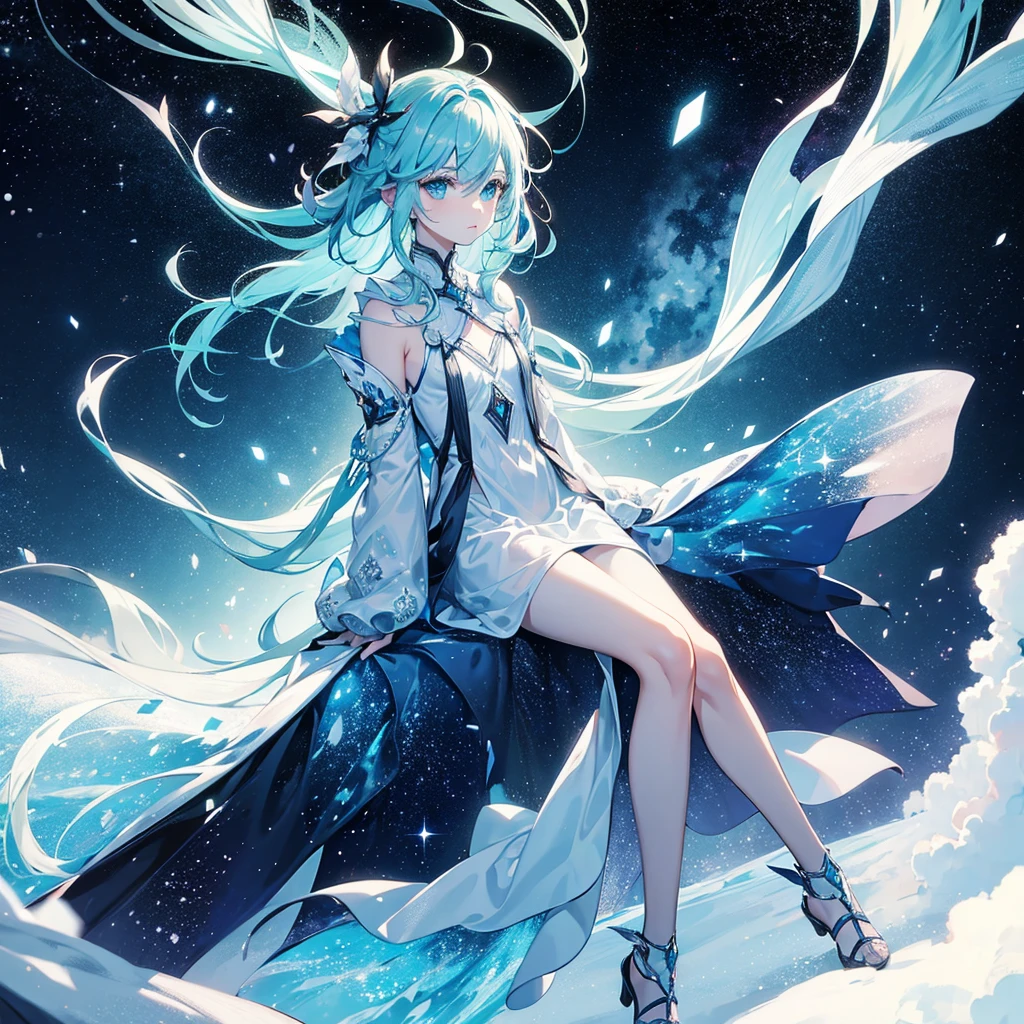 Boy with hair and eyes made of stars body made of stars, night auroras and comets with clothes made of snow