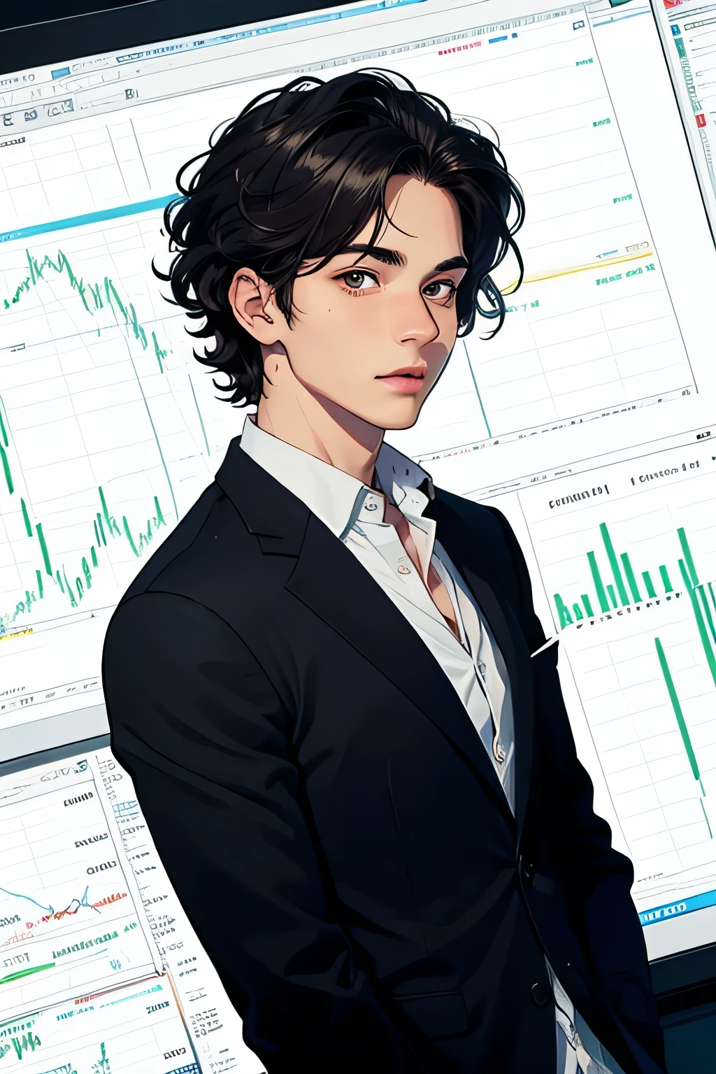 Mysterious young man with wavy hair with stock market charts in the background, all in cartoon
