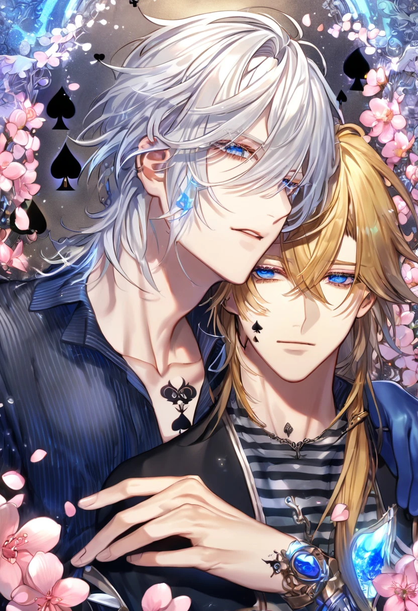 absurdres, highres, ultra detailed, HDR, master piece, Ikki, white hair, right side of his hair is notably shoulder-length, unlike its left, expressive blue eyes, on his left ear is a hair clip shaped like a black spade, Amnesia, sexy man, handsome, best quality, blossoms, pink petals, pink flowers, fantasy, magical, blue shining fireflies, solo, water, blue-and-black shirt that is vertically striped, a small tattoo of a black spade on his left cheek, blue gloves,