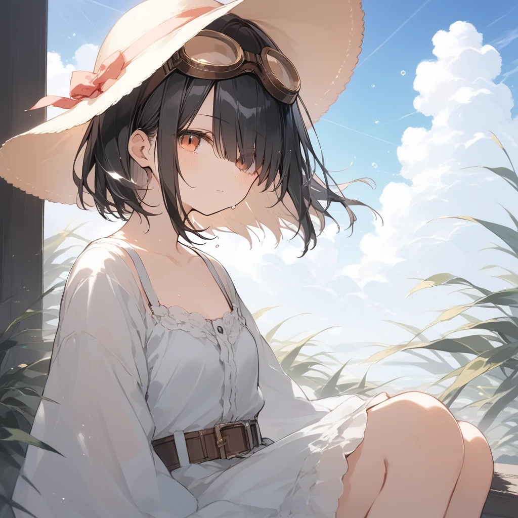 score_9, score_8_up, score_7_up, source_anime, best quality, masterpiece, official art, absurdres, highres, ultra-detailed,waifu2x,Collection: Slice of Life,break,1girl, 15-year-old, short hair, hair over one eye, small breasts, beautiful detailed face, beautiful detailed eyes, well-proportioned iris and pupils, beautiful detailed lips, cap, goggles on headwear, skirt, sit, sweat, expressionless, sleepily, fantasy, outdoors, wind, break,(clear line illustration:1.2),very high resolution, very aesthetic, super detailed skin, Best cinematic lighting powered by famous artist, 8k, beauty illustration,photoshop_(medium),,(Detailed Lighting),best anime 8k konachan wallpaper, pixiv contest winner, 