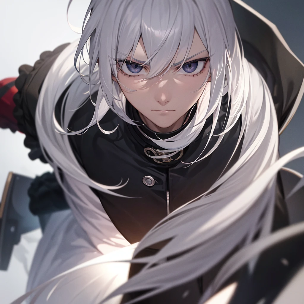 1man,White Hair,Black eyes with no highlights,A sharp face,Expressionless,Staring at me,battle,anime