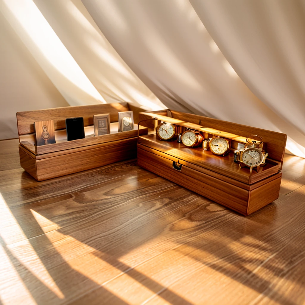 In this cozy room,A ray of sunlight shone on the table through the half-drawn curtains,Let the wood grain on the watch storage case shine with a faint sheen。There is a calm and serene atmosphere in the surrounding air。Several still lifes hang on the walls of the room,It adds a touch of elegance to the space。And on the other side of the room,A half-open window lets the breeze blow in,The pages on the small desk by the window flipped in the wind,This quiet scene gives a sense of tranquility and comfort。