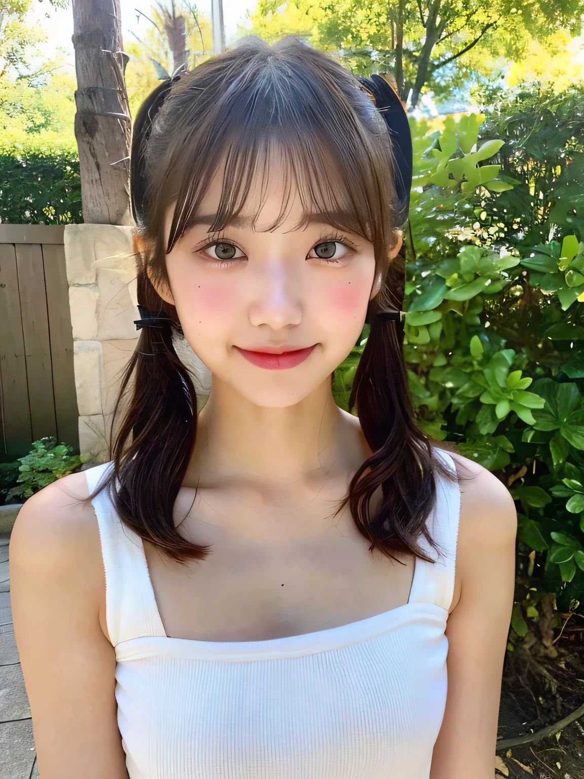 One person、、Full body photo、Twin tails、slender、woman、White drool coming out of the mouth、smile、Very short hairstyle、 Fair skin, messy hair, super cute、Soft and Face、8K resolution、Surreal、Ultra high definition、 A-cup small breasts((Highest resolution、8K、masterpiece:1.3))、Ultra-fine face、Ultra Fine Lips、Beautiful Eyes、double eyelid,Red bandeau dress、Thighs、thin,Thighsが見える、Shapely small breasts、